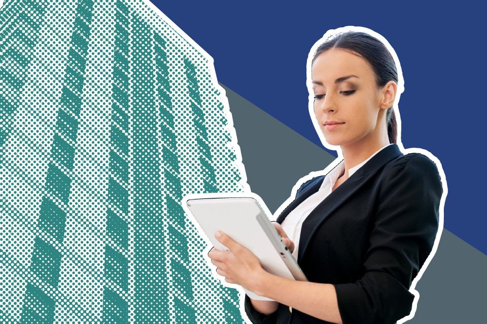 A blue half-tone pattern of a high-rise building