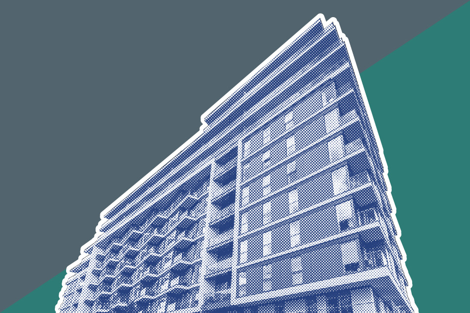 A blue half-tone pattern of a high-rise building