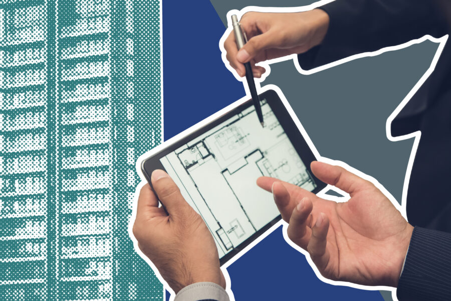 Hands of two people pointing at a building plan on a digital tablet