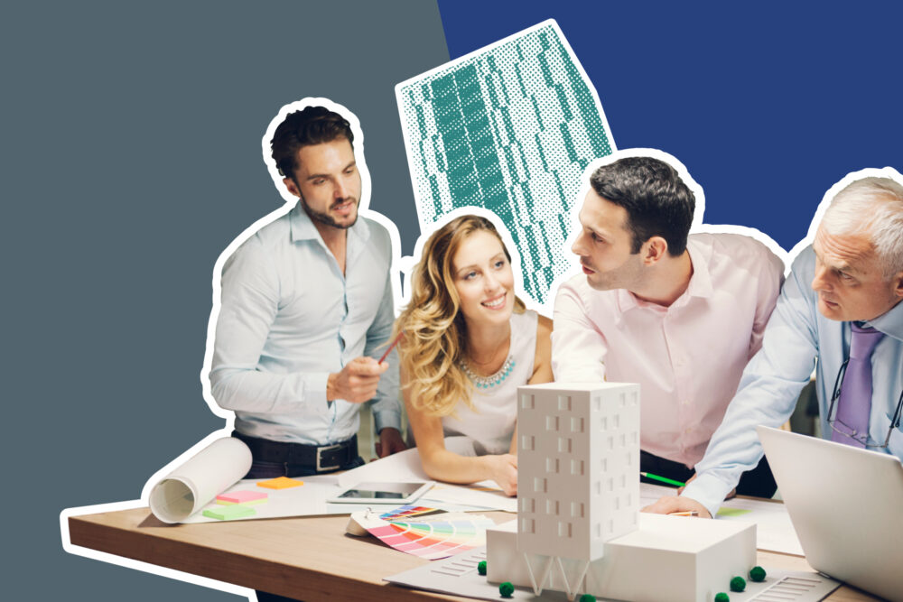 3 men and 1 woman discussing a building plan and model