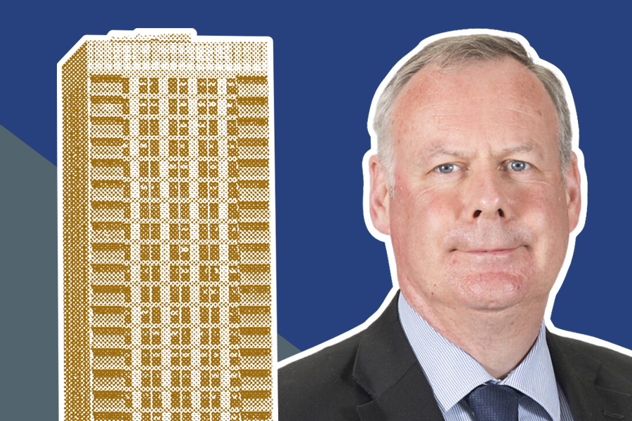 Philip White in front of a mustard yellow high-rise building in a halftone pattern