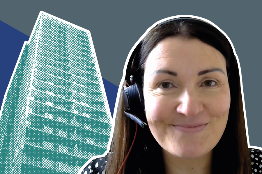 Image of Jenny Hagan wearing a headset in front of a teal high-rise building in a halftone pattern