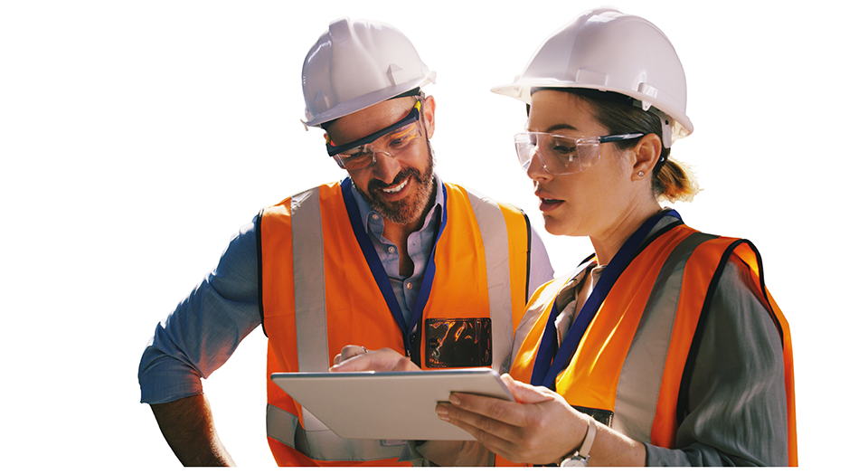 2 building inspectors in hard hats, safety glasses and high-vis vests look at a digital tablet.
