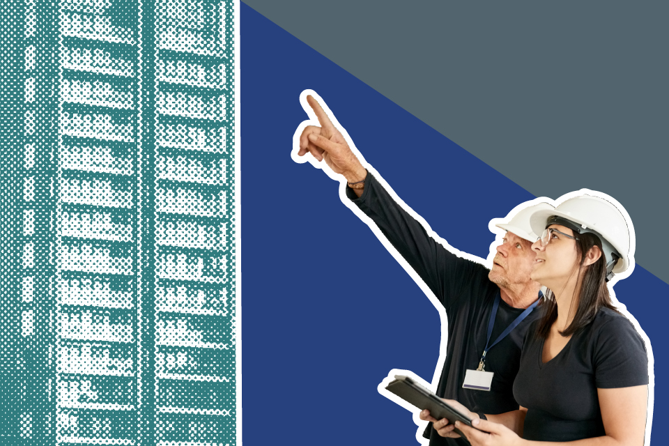 2 building inspectors in hard hats, with a digital tablet. pointing up in front of a teal half-tone pattern of a high-rise building