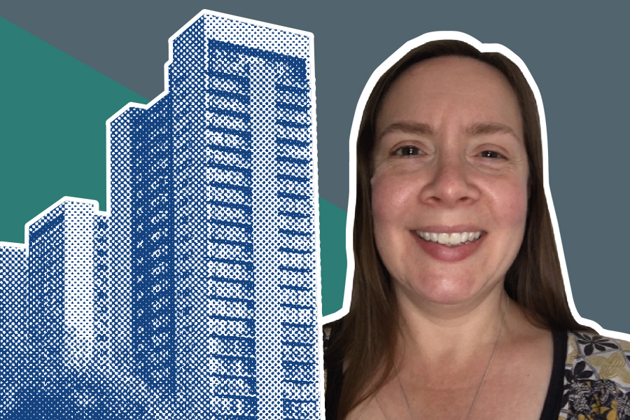 Sandra Tomlinson beside a blue high-rise building in a halftone pattern