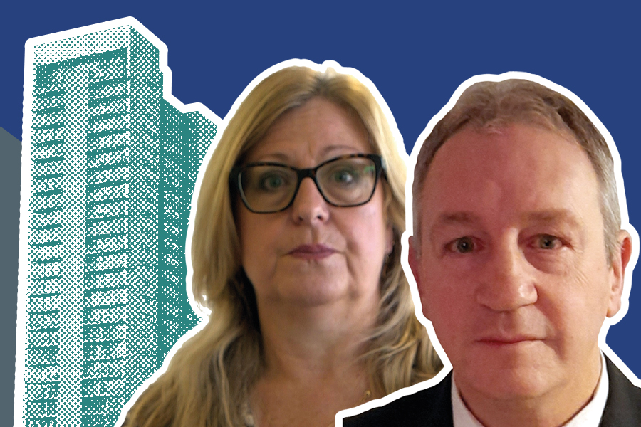 Sandra Ashcroft and Ged Cooper in front of a teal high-rise building in a halftone pattern