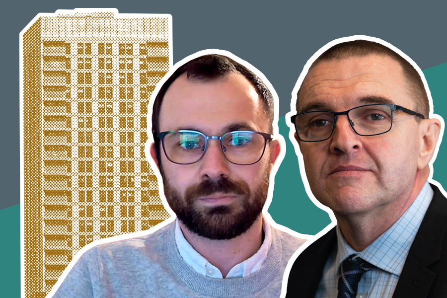 Josh Paulin and Andrew Saunders in front of a mustard high-rise building in a halftone pattern