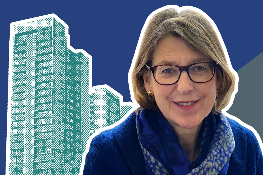 Sarah Newton in front of a teal high-rise building in a halftone pattern