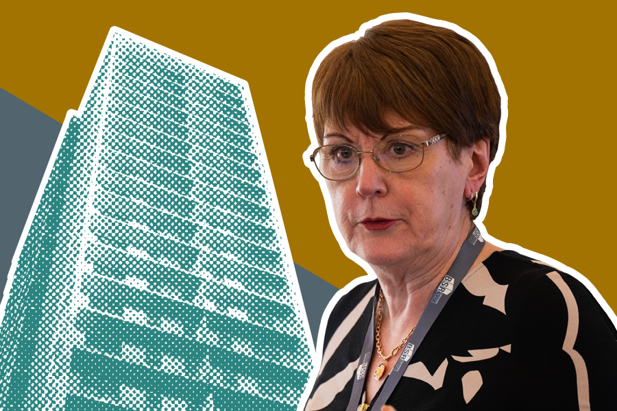 Dame Judith Hackitt in front of a teal high-rise building in a halftone pattern