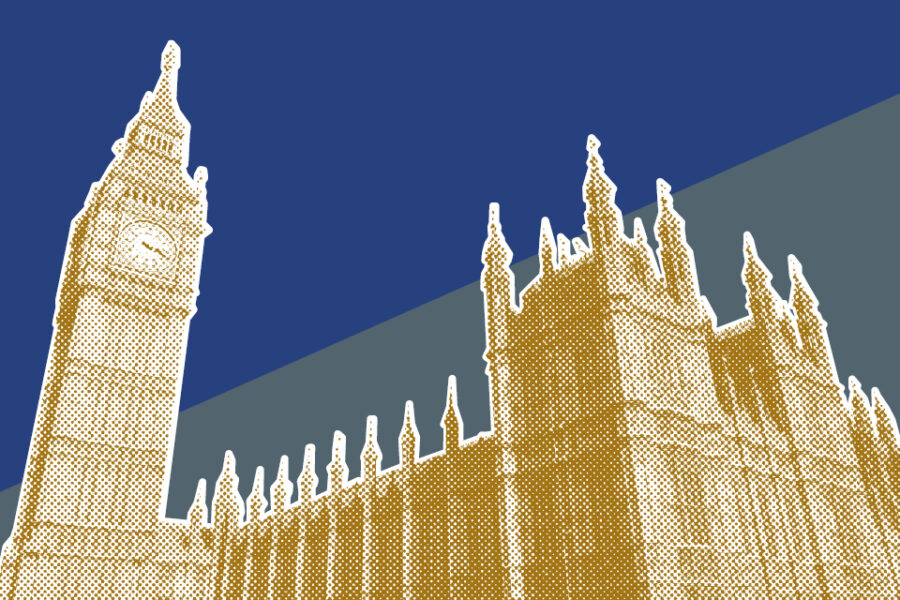 Houses of Parliament in mustard yellow halftone pattern on blue and grey background.