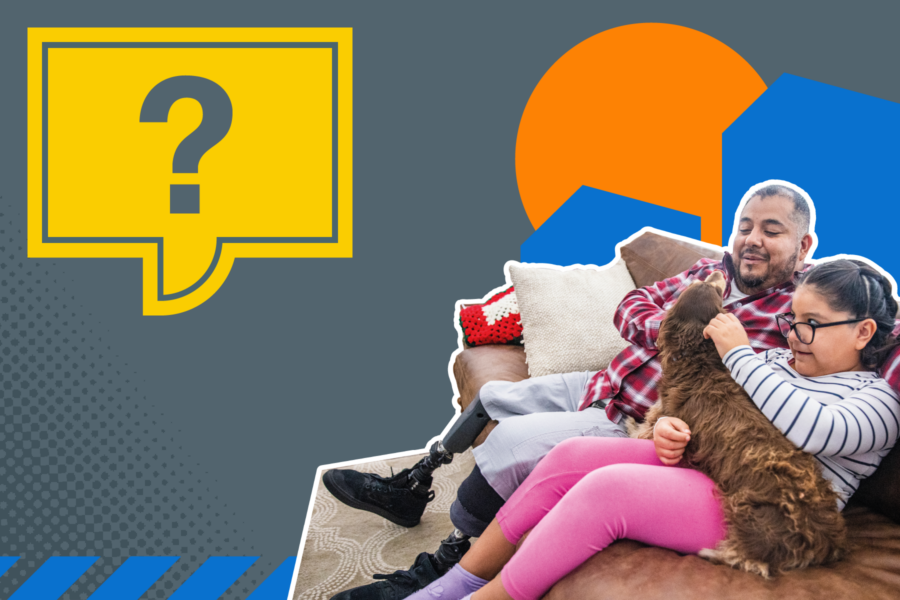 Man with prosthetic legs sat a on couch with his daughter and small brown dog. And a yellow speech bubble with a question mark in it.