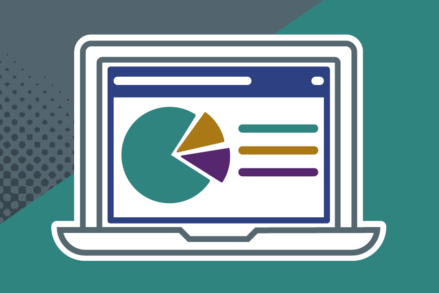 Illustrated laptop with a pie chart on the screen