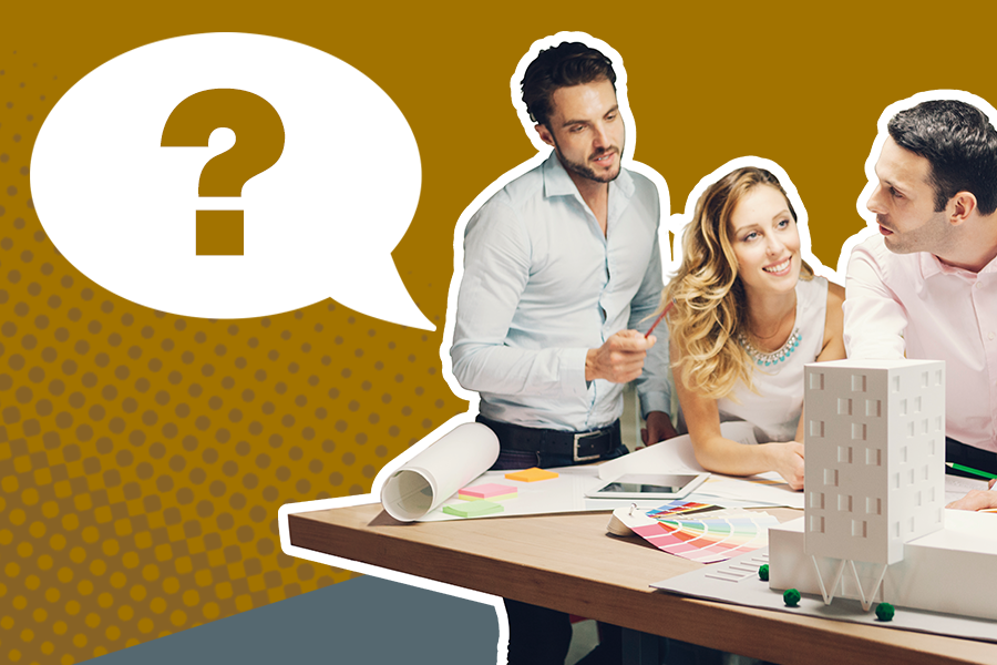 A speech bubble containing a question mark and two men and a woman leaning on a table discussing swatches and a model of a building. On a mustard and grey background.