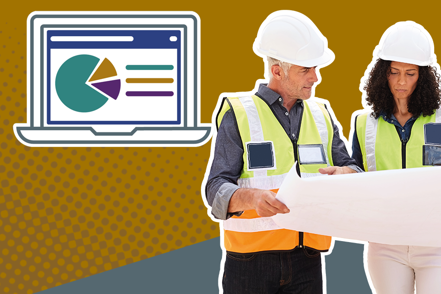 An illustration of a laptop showing a pie chart and photo of a man and woman in high vis vest and hard hats looking at a plan on a mustard and grey background.