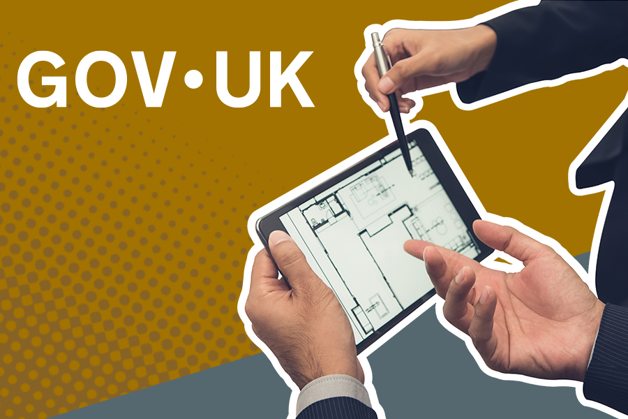 GOV.UK logo alongside someone's hands holding a digital tablet with a blueprint, while someone else is pointing at it with a pen. On a mustard and grey background.