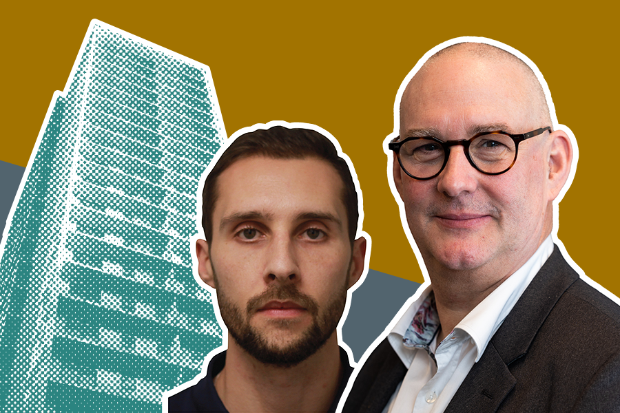 Michael Wood and Neil Hope-Collins in front of a teal high-rise building in a halftone pattern