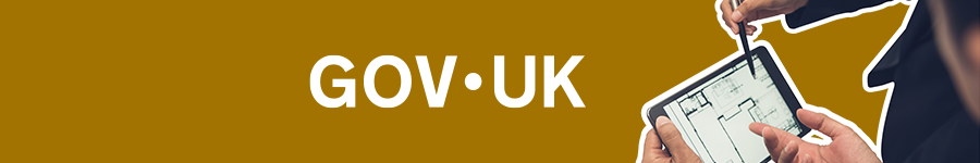 GOV.UK logo alongside someone's hands holding a digital tablet with a blueprint, while someone else is pointing at it with a pen. On a mustard background.