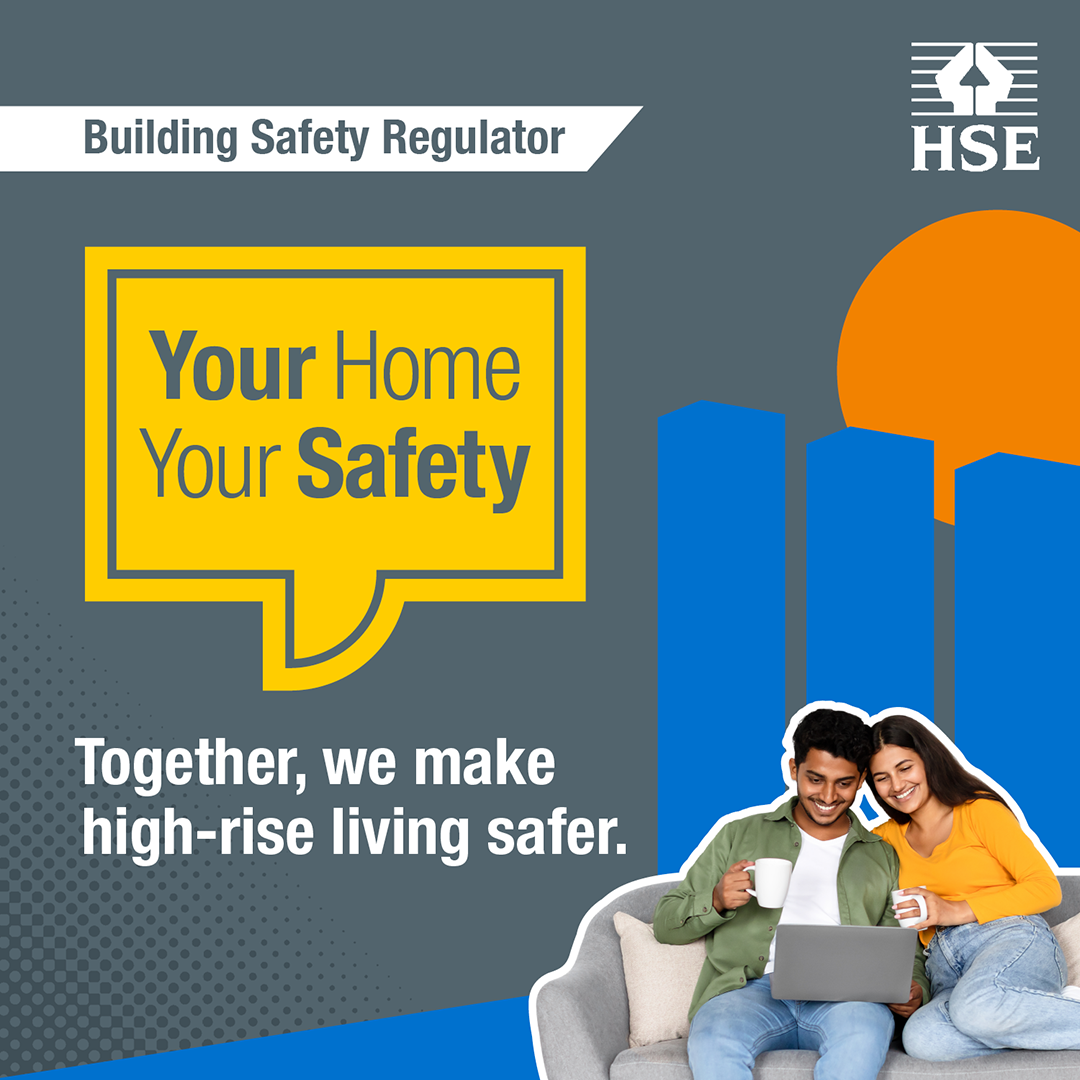 A couple, holding mugs sat on a grey couch smiling as they look at a laptop. Blue building silhouettes in the background with an orange circle And a yellow speech bubble with Your Home Your Safety written in it.