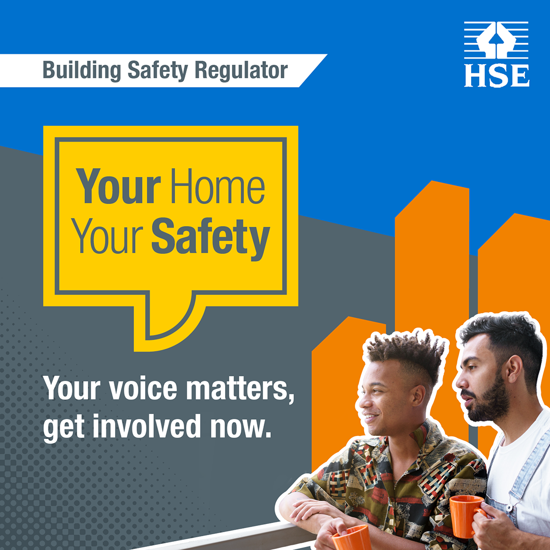 Two men drinking out of orange mugs on a balcony. And a yellow speech bubble with Your Home Your Safety written in it.