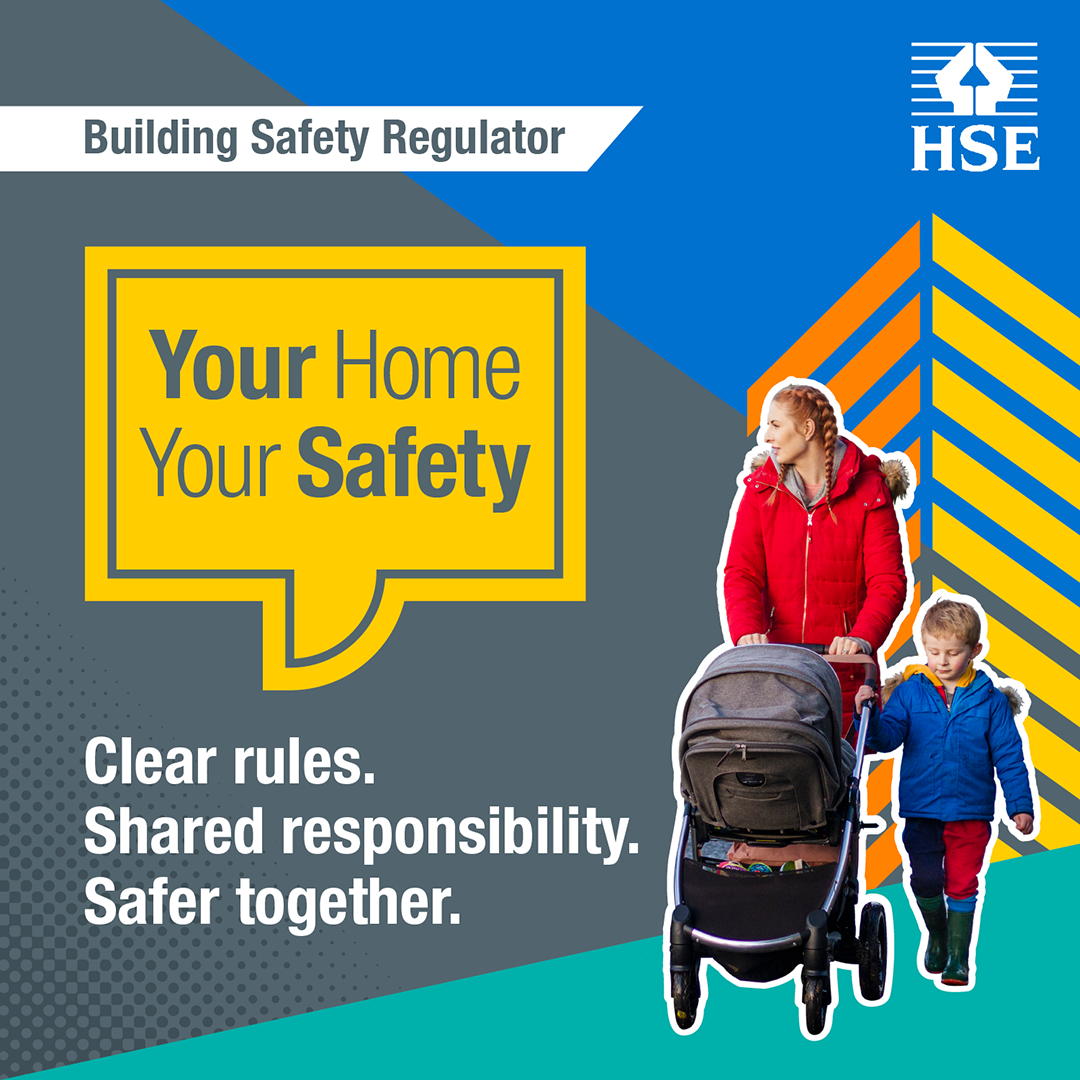 Woman in a red coat pushing her pram with a child in a blue jacket walking beside her. And a yellow speech bubble Your Home Your Safety written in it.