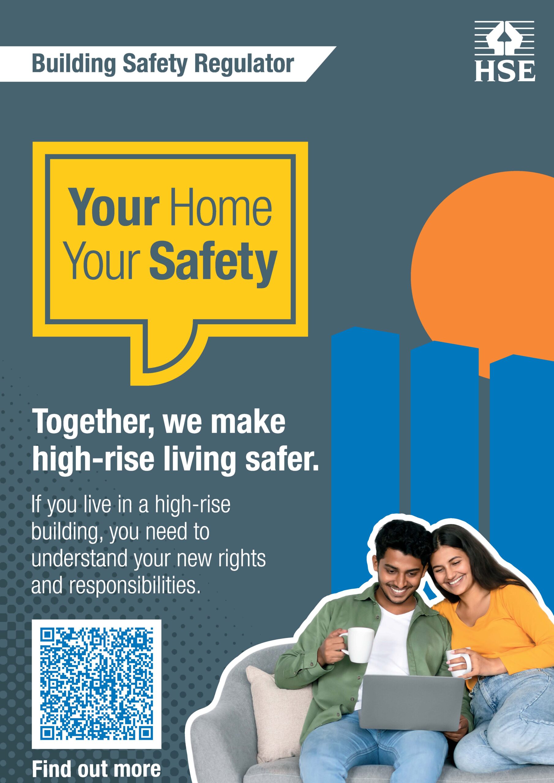 A couple, holding mugs sat on a grey couch smiling as they look at a laptop. Blue building silhouettes in the background with an orange circle And a yellow speech bubble with Your Home Your Safety written in it.