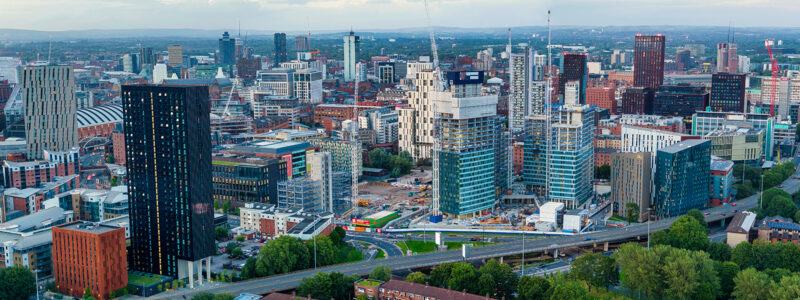 Panoramic Aerial View of Manchester Skyline on a Beautiful Sunset Hour (Golden Hour)