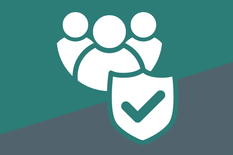 3 people icon with a shield with a tick on it. On a teal and grey background.