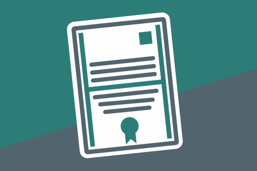 Building safety certificate icon. On a teal and grey background.