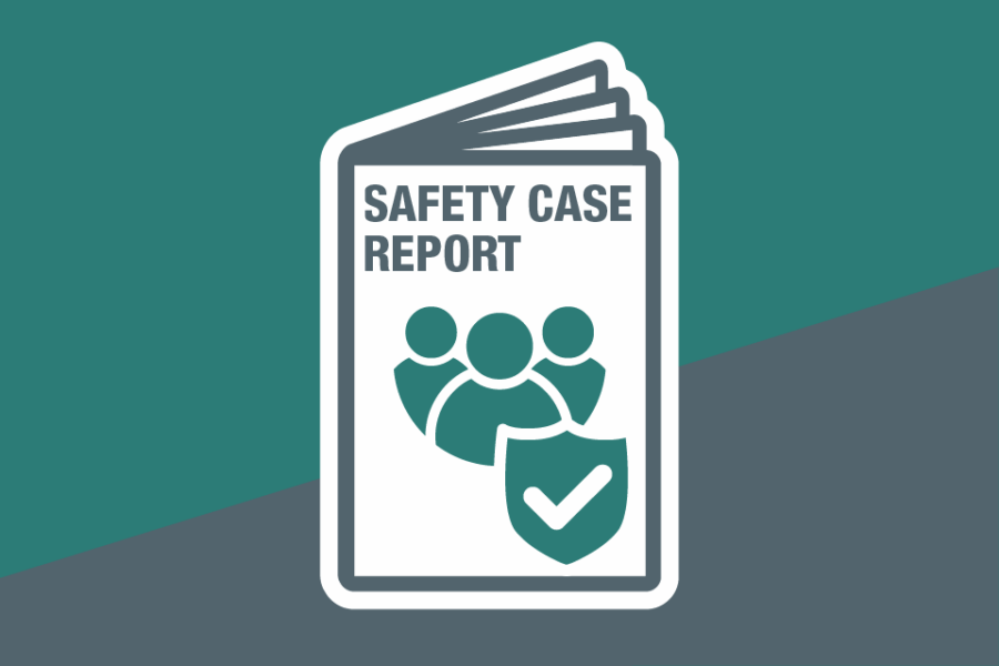 Safety case report icon with 3 people icon and a shield with a tick on it. On a teal and grey background.