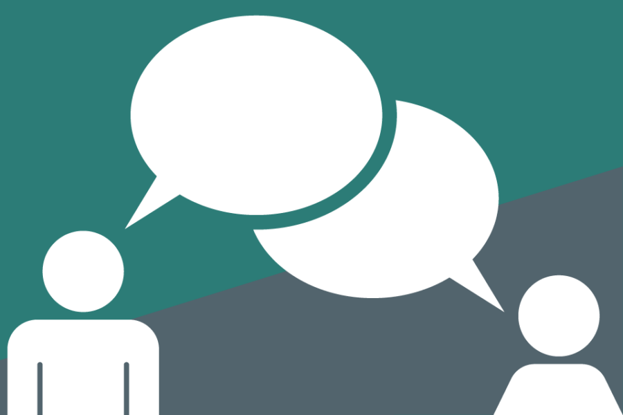 Two people talking with speech bubbles. On a teal and grey background.
