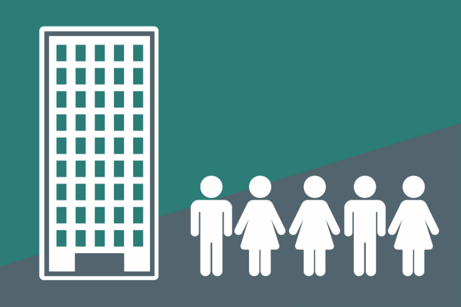 Tall building with 5 residents. On a teal and grey background.