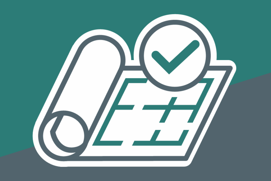 Rolled up blueprint plan icon with tick in a circle. On a teal and grey background.