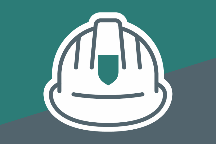 Safety hard hat icon. On a teal and grey background.