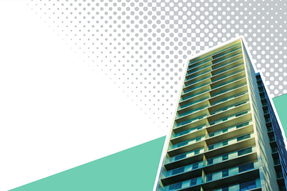 Green and blue tinted high-rise building with a diagonal teal strip and grey halftone pattern on the white background