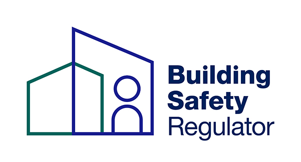 Building Safety Regulator Logo - outlines of a green and blue building with sloping rooves with a person icon int he blue building