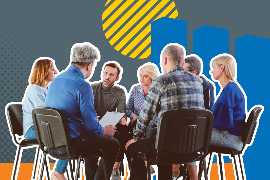 A group of residents sat in a circle on chairs, engaged in discussion. On a grey background with 3 blue towers and a striped yellow sun behind them.