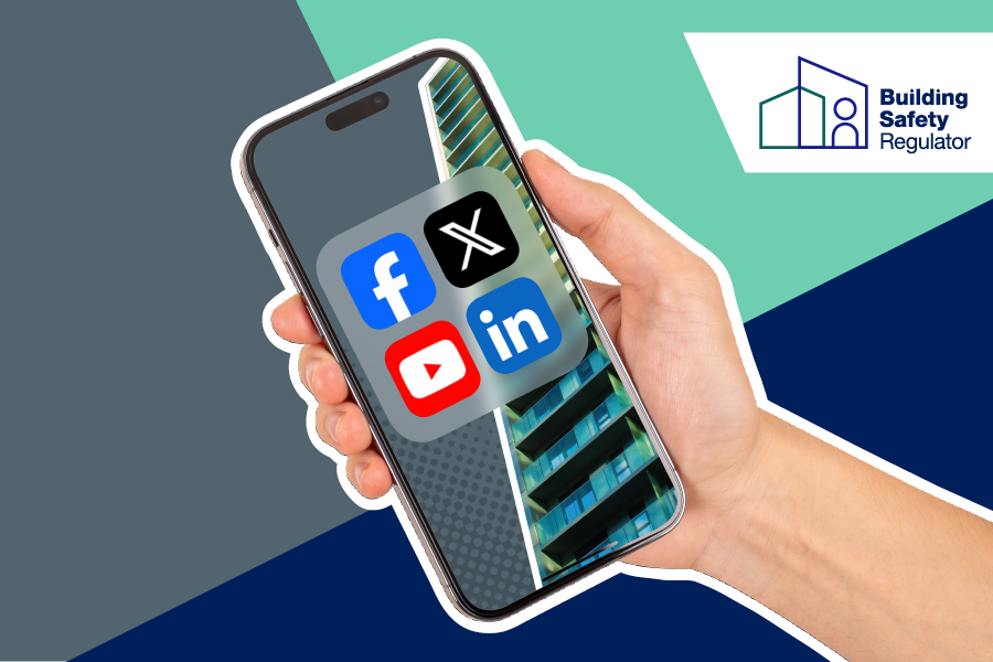 A hand holding a mobile phone showing four social media app icons. On a grey, dark blue and turquoise background.