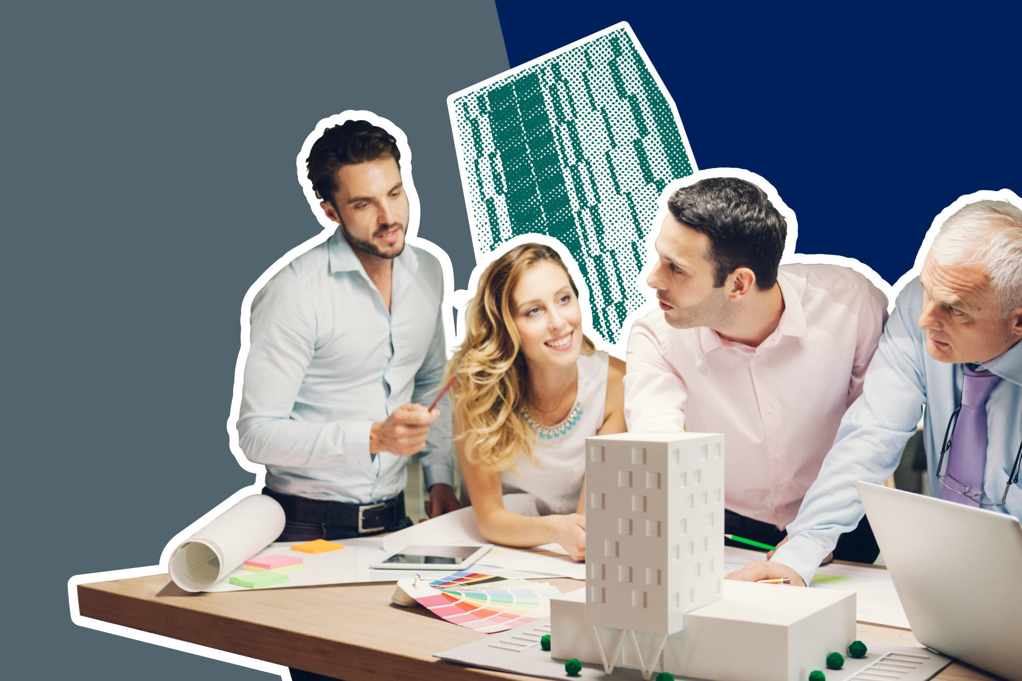 3 men and 1 woman discussing a building plan and model