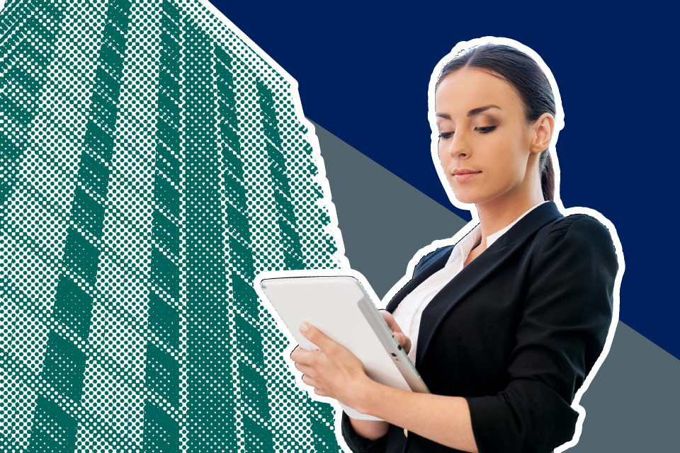 A person looking at a tablet device, with a dark blue background.