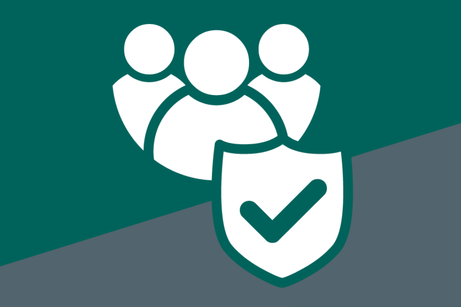 3 people icon with a shield with a tick on it. On a teal and grey background.
