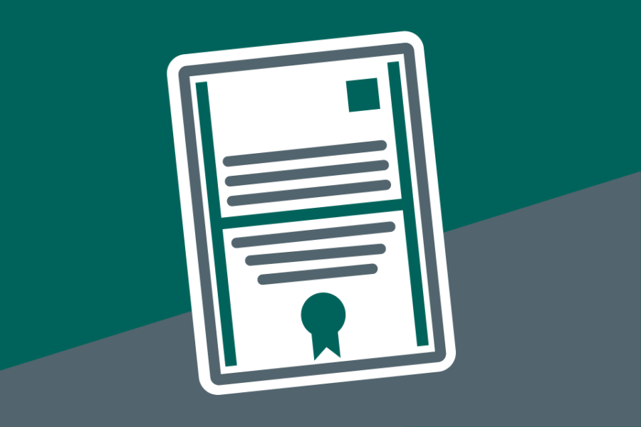 Building safety certificate icon. On a teal and grey background.