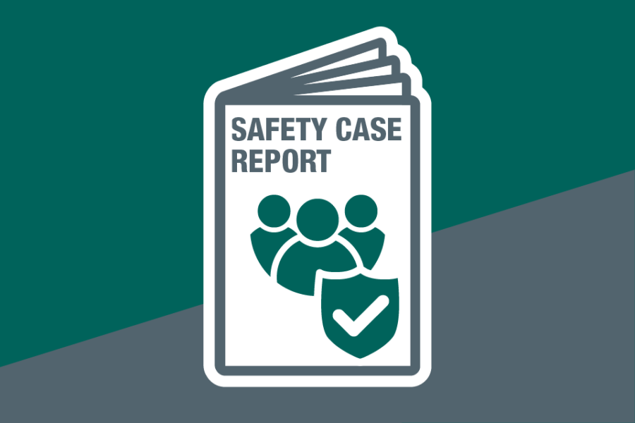 Safety case report icon with 3 people icon and a shield with a tick on it. On a teal and grey background.