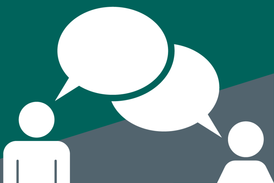 Two people talking with speech bubbles. On a teal and grey background.