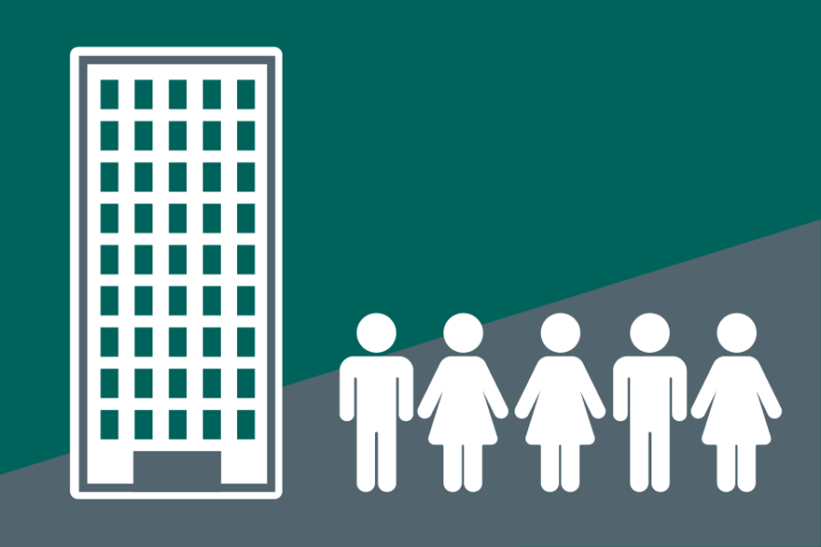 Tall building with 5 residents. On a teal and grey background.