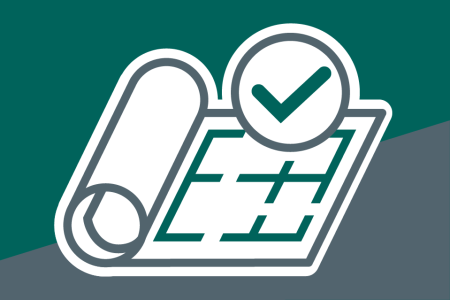 Rolled up blueprint plan icon with tick in a circle. On a teal and grey background.