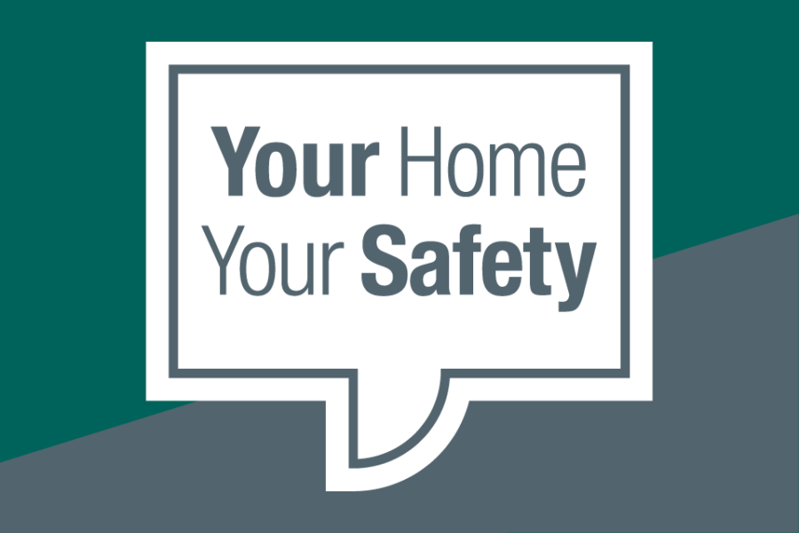 Your home, your safety logo, on a teal and grey background.