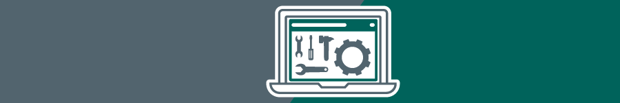 Laptop with a cog and tools on the screen. On a teal and grey background.