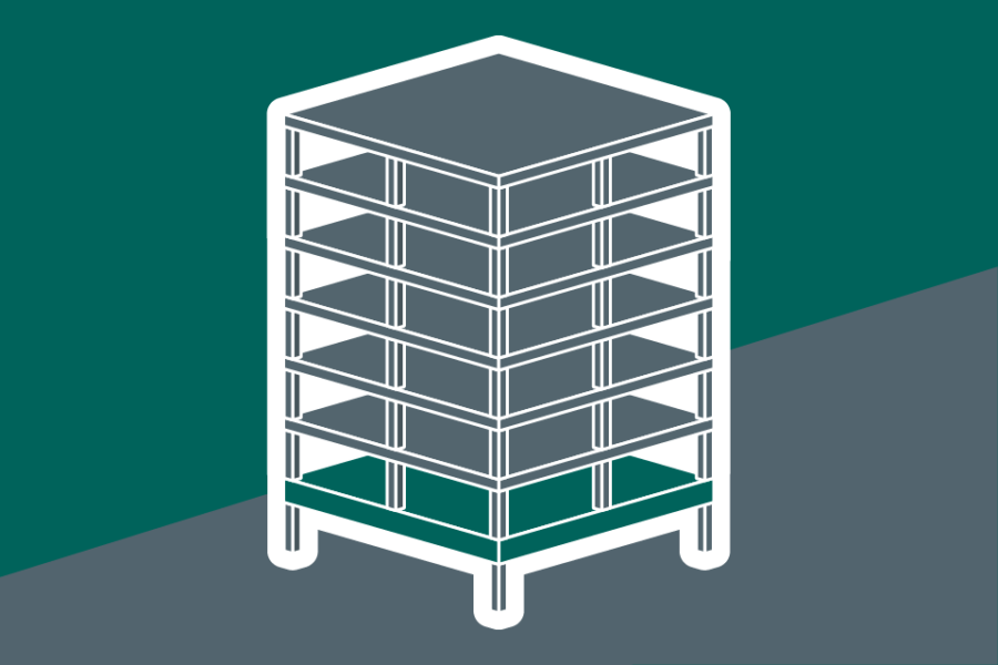 Isometric view of a seven storey building highlighting the first floor transfer slab. On a teal and grey background.