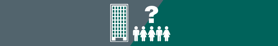 A high-rise building with five people and a question mark above them on a grey and teal background