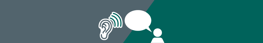 Ear listening to a resident speaking icon on a grey and teal background